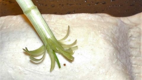 Ein Backpinsel betupft Teig, während er auf einer rustikalen Oberfläche liegt, das frische Aroma von herzhaften Gerichte verbreitend.
