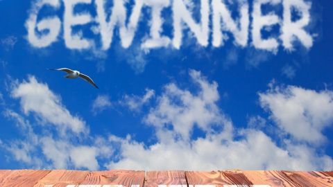 Wolken formen die Wörter "GEWINNER" und "VERLIERER" über einem Holzboden, während Vögel im Himmel fliegen.