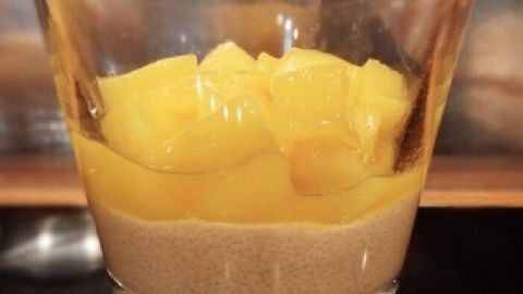 Ein Glas enthält eine Schicht aus cremigem Panna Cotta und frischem Mangofrucht, serviert auf einem dunklen Tisch.