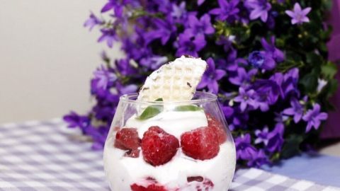 Der Schokokuss-Himbeer Nachtisch steht in einem Glas, dekoriert mit frischen Himbeeren und Waffel. Im Hintergrund blühen violette Blumen.