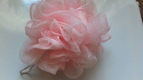 Ein rosa Körper-Schwamm liegt auf einem weißen Teller, bereit zum Reinigen und Desinfizieren im Badezimmer.