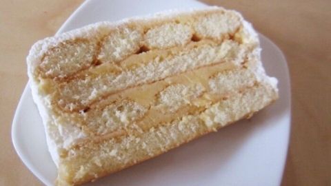 Eine Biskottentorte ist auf einem Teller angerichtet, die Schichten aus Biskuit und einer cremigen Füllung zeigen sich appetitlich.
