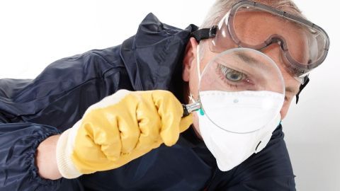 Eine Person untersucht mit einer Lupe Schimmel, trägt dabei Schutzausrüstung und ist in einem hellen Raum aktiv.