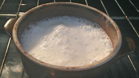 Ein Topf mit schäumender Flüssigkeit steht im Backofen und reinigt ihn durch Hitze und Dampf.