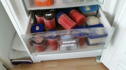 Gläser mit selbst gemachter Marmelade in verschiedenen Rottönen stehen ordentlich in einem Kühlschrankfach.