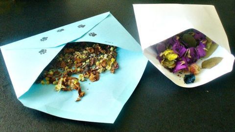 Zwei dekorative Umschläge, einer in Himmelblau mit getrockneten Blumen und einer in Weiß mit bunten Kräutern, stehen auf einem Tisch.
