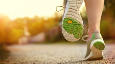 Laufschuhe mit grünem Profil laufen auf einem sonnigen Weg, umgeben von blühender Natur und sanftem Licht.