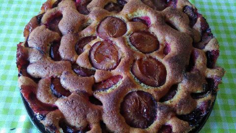Ein runder Pflaumenkuchen liegt auf einem karierten Tisch, mit saftigen Pflaumenstücken auf hellbraunem Teig.
