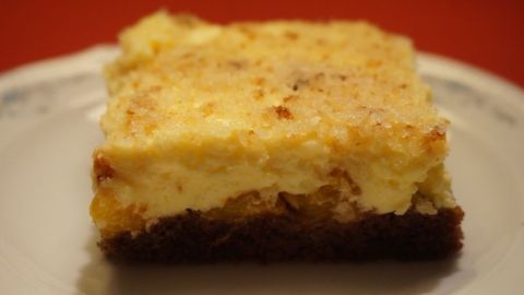 Ein Stück Sägespänekuchen mit Mandarinen auf einem Teller, goldbraun und cremig, vor rotem Hintergrund.