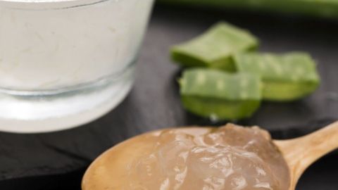Ein Behälter mit durchsichtiger Lotion steht neben einem Holzlöffel mit brauner Creme, umgeben von Aloe-Vera-Stücken.