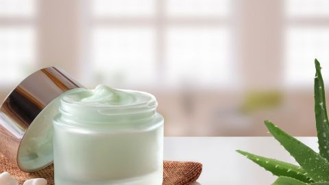 Eine grüne Aloe Vera Creme steht geöffnet auf einem Tisch, umgeben von Aloe Vera Blättern und kleinen weißen Steinen, in einem hellen Raum.