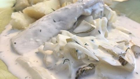 Eingelegte Bismarckheringe liegen in einer cremigen Sauce neben dampfenden Kartoffeln auf einem bunten Teller.