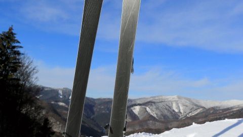 Zwei Skier stehen in frischem Schnee, während die Berge im Hintergrund unter klarem Himmel sichtbar sind. Skikanten vor Rost schützen.