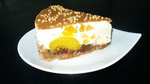 Eine fruchtige Kühlschranktorte mit knusprigem Deckel auf einem weißen Teller, umgeben von dunkler Tischoberfläche.