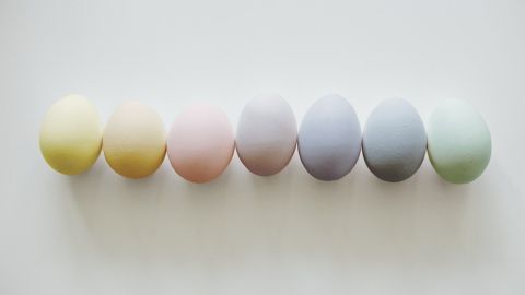 Bunte, natürlich gefärbte Ostereier liegen in einer Reihe auf einem hellen Hintergrund und zeigen sanfte Pastellfarben.