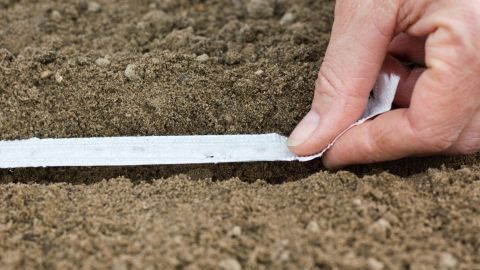 Ein Hand zieht ein Saatband in den Erdreich eines Gemüsegartens, um gleichmäßige Saatlinien zu erstellen.