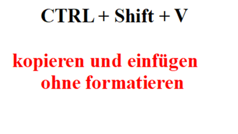 Ein Tastenkürzel zeigt "CTRL + Shift + V", um Text kopieren und einfügen ohne formatieren zu erleichtern.