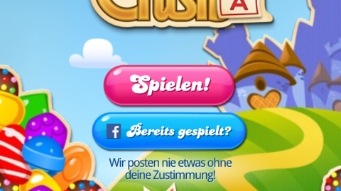 Das Spiel Candy Crush zeigt den Titel und lädt Spieler ein, mit bunten Süßigkeiten auf einem Weg zu interagieren.