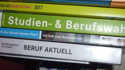 Eine Reihe von Bücher über Studien- und Berufswahl liegt gestapelt auf einem Tisch, um hilfreiche Informationen zu bieten.