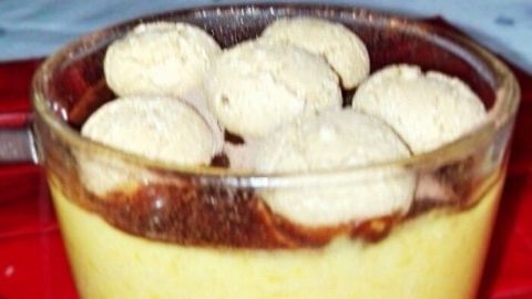 Kürbismousse in einem Glas, garniert mit Amarettini, steht auf einem roten Tisch, umgeben von grünen Kräutern.