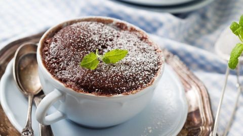 Zwei Tassenkuchen aus Schokolade stehen auf einem Tablett, garniert mit frischer Minze und Puderzucker, auf einem karierten Stoff.