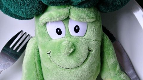 Ein plüschiger Brokkoli mit lächelndem Gesicht liegt auf einem weißen Teller, umgeben von Besteck. Orthorexie oder Glückskost?