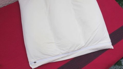 Ein Kissen mit Mikrokugeln liegt auf einer roten Unterlage und bietet Unterstützung zur Linderung von Nackenschmerzen.