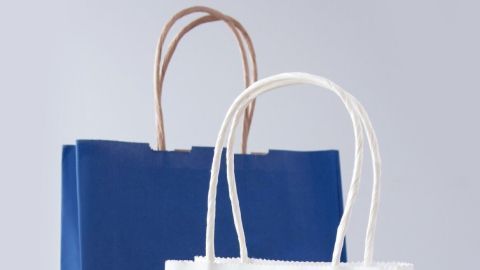 Zwei Papiertaschen mit Kordel stehen auf einem Holzboden, eine blau und eine weiß, bereit zur Wiederverwendung.