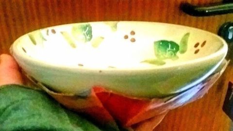 Eine Person hält eine Schüssel mit einem farbenfrohen Muster, während sie sie vorsichtig aus der Küche hebt, um Verbrennungen zu vermeiden.