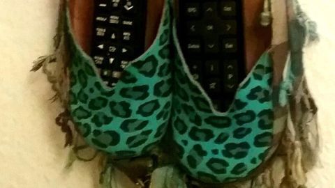 Zwei grüne Clogs mit Leopardenmuster hängen an einer Wand, in denen Fernbedienungen platziert sind, um kreativ wiederverwendet zu werden.