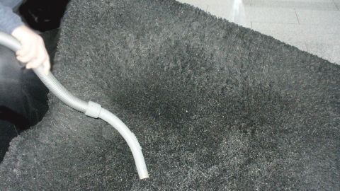 Ein Langflor-Teppich wird mit einem Staubsauger gründlich gesaugt, um Schmutz und Staub zu entfernen.