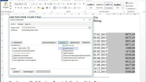 Im Word-Fenster wird ein Dialogfeld angezeigt, in dem Suchergebnisse markiert werden, während eine Tabelle rechts zu sehen ist.