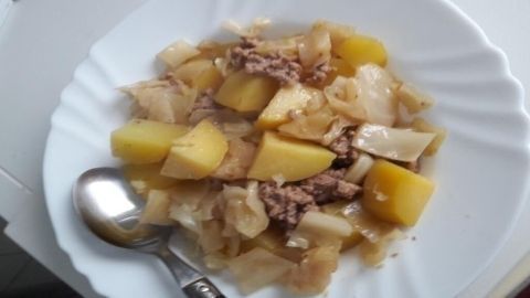 Ein Teller mit Hackfleisch-Kohleintopf zeigt Stücke von Fleisch, Kartoffeln und Gemüse, serviert auf einem weißen Teller.