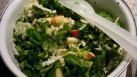 Ein frischer Feldsalat mit Chinakohl und Apfelstücken wird in einer Schüssel serviert. Ein Löffel liegt daneben.