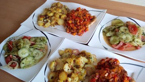Auf Tellern liegen verschiedene Gerichte, darunter ein Paprika-Schnitzel, umgeben von bunten Beilagen.