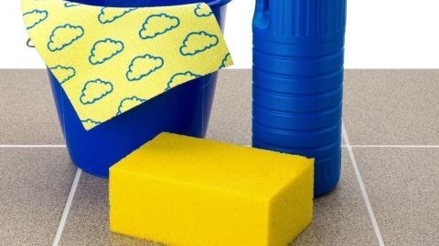 Ein blauer Eimer mit einem gelben Schwamm und einem Flasche Cleaner steht auf einer glatten Oberfläche, bereit für die Fleckenentfernung.