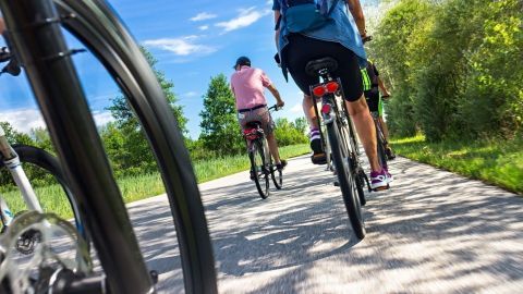 Radfahrer bewegen sich auf einem schmalen Weg durch eine grüne Landschaft bei strahlendem Sonnenschein.