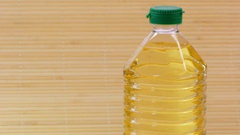 Eine Plastikflasche mit altem Speiseöl steht neben einer Sonnenblume auf einem hellen Hintergrund.