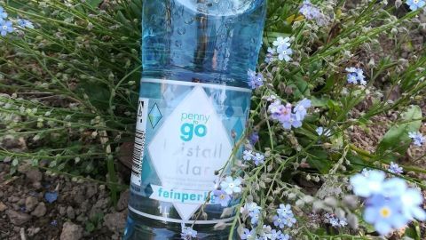 Eine durchsichtige Wasserflasche liegt unter blühenden Pflanzen, während sie für ein "to go"-Produkt in der Natur steht.