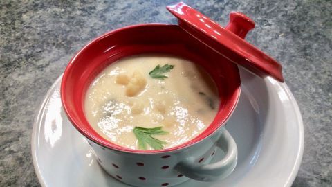 Eine rote Suppenschüssel mit Blumenkohl-Cremesuppe und grünem Petersilienblatt steht auf einem weißen Teller.