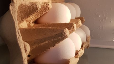 Eine Eierverpackung mit mehreren weißen Eiern, die im Kühlschrank aufbewahrt werden, bereit zum Kochen.
