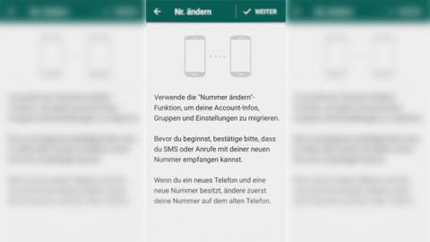 Ein Bildschirm zeigt die Option, die Handynummer in WhatsApp zu ändern, mit Anweisungen zur Sicherung alter Unterhaltungen.