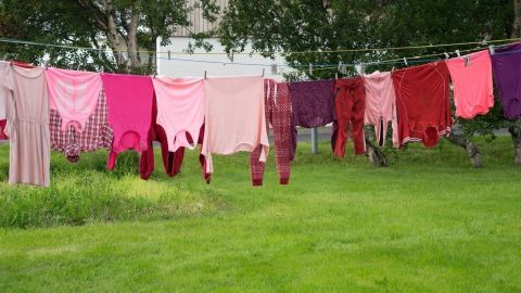 Bunte Pullis und Hosen hängen zum Trocknen an einer Wäscheleine, umgeben von grünem Wiese und Bäumen im Hintergrund.