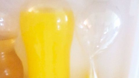 Zwei Flaschen mit gelbem Getränk stehen im Kühlschrank. Eine große Flasche und eine in Plastiktüte, die frische Kohlensäure bietet.