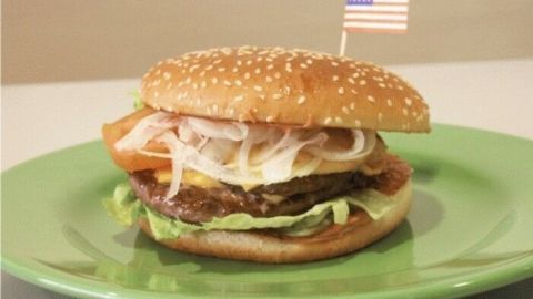 Ein leckerer Hamburger mit Sesambrötchen, frisch belegt mit Salat, Tomate und Zwiebeln, steht auf einem grünen Teller.