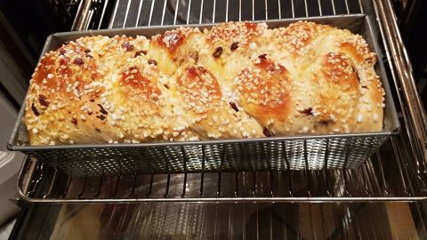 Ein goldbrauner Hefezopf mit rosinen und topfen steht frisch gebacken auf dem Rost in einem Backofen.