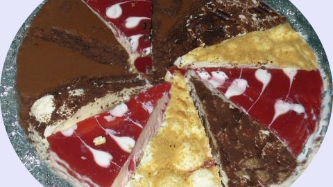 Eine bunte Platte mit verschiedenen Tiefkühltorten ist appetitlich angerichtet und zeigt verschiedene, farbenfrohe Stücke.