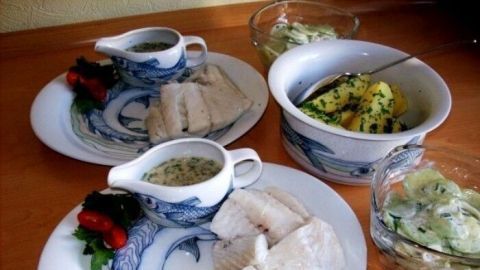 Zwei Teller mit gedünstetem Seelachs, frisch zubereiteter Kräutersoße und Beilagen, schön angerichtet auf einem Holztisch.
