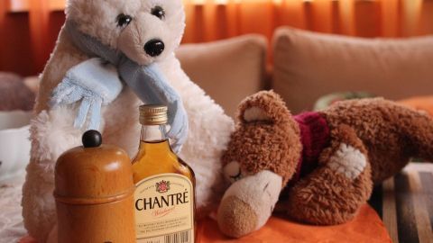Ein plüschiger Eisbär steht neben einer Flasche Alkohol und einem schlafenden Teddybären auf einem Tisch.