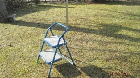 Eine kleine 2-stufige Haushaltsleiter steht auf dem Wiesenboden in einem Garten, bereit für leichtes Arbeiten.